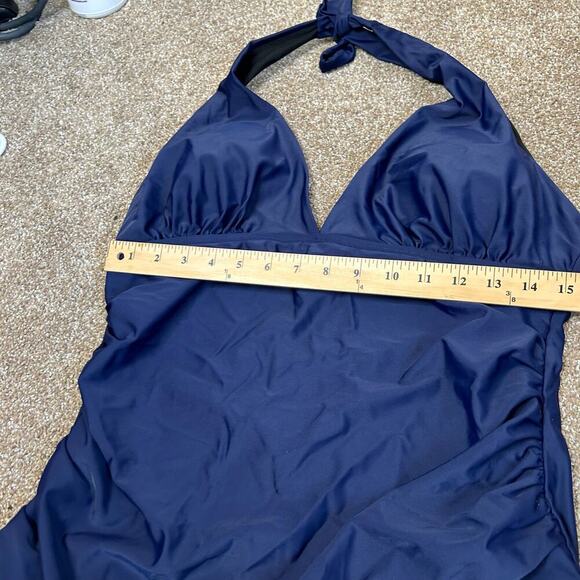 Set of 2 Tankini swimsuit tops ruched sides slimming halter neck Navy blue/black - Picture 5 of 6